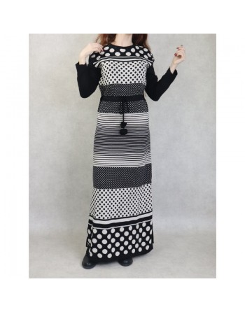 Robe en maille maxi-longue à motifs bicolore pour femme (Collection Automne-Hiver) - Couleur Noir et beige 