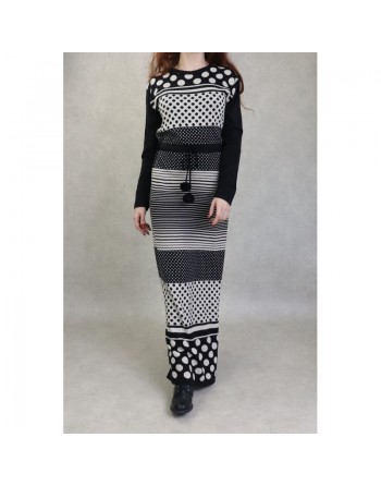 Robe en maille maxi-longue à motifs bicolore pour femme (Collection Automne-Hiver) - Couleur Noir et beige 
