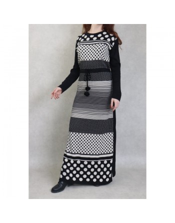 Robe en maille maxi-longue à motifs bicolore pour femme (Collection Automne-Hiver) - Couleur Noir et beige 