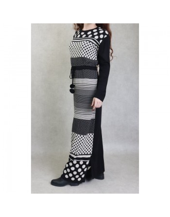 Robe en maille maxi-longue à motifs bicolore pour femme (Collection Automne-Hiver) - Couleur Noir et beige 