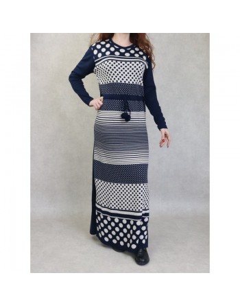 Robe maxi-longue en maille à motifs bicolore pour femme (Nouveauté Automne-Hiver) - Couleur Bleu marine 
