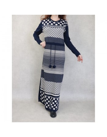 Robe maxi-longue en maille à motifs bicolore pour femme (Nouveauté Automne-Hiver) - Couleur Bleu marine 