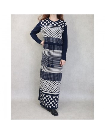 Robe maxi-longue en maille à motifs bicolore pour femme (Nouveauté Automne-Hiver) - Couleur Bleu marine 
