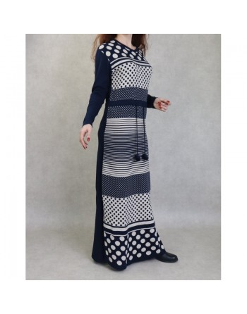 Robe maxi-longue en maille à motifs bicolore pour femme (Nouveauté Automne-Hiver) - Couleur Bleu marine 