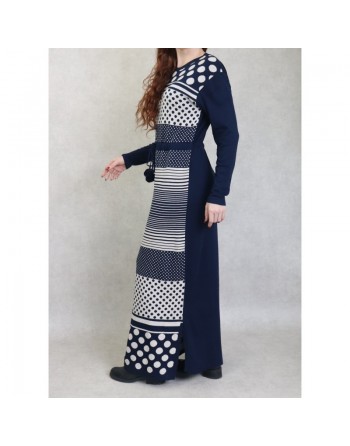 Robe maxi-longue en maille à motifs bicolore pour femme (Nouveauté Automne-Hiver) - Couleur Bleu marine 