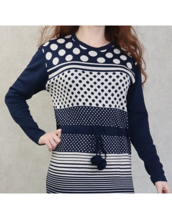 Robe maxi-longue en maille à motifs bicolore pour femme (Nouveauté Automne-Hiver) - Couleur Bleu marine 