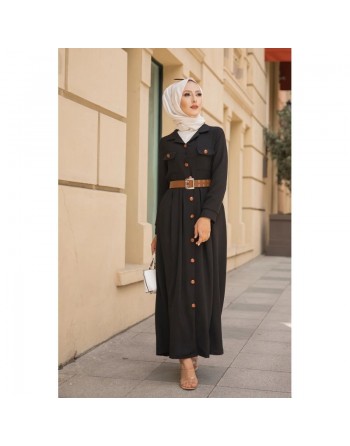 Robe longue casual boutonnée avec sa ceinture (Vetement hijab chic pour femme) - Couleur Noir 