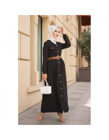 Robe longue casual boutonnée avec sa ceinture (Vetement hijab chic pour femme) - Couleur Noir 