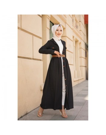 Robe longue casual boutonnée avec sa ceinture (Vetement hijab chic pour femme) - Couleur Noir 