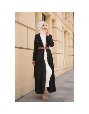 Robe longue casual boutonnée avec sa ceinture (Vetement hijab chic pour femme) - Couleur Noir 