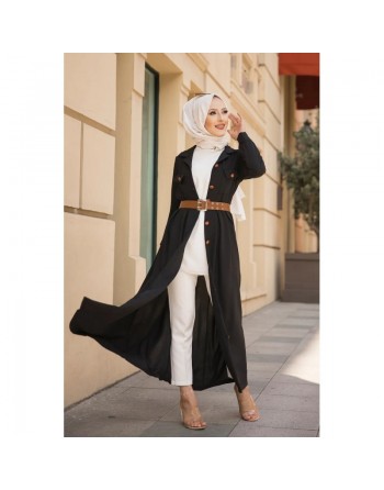 Robe longue casual boutonnée avec sa ceinture (Vetement hijab chic pour femme) - Couleur Noir 