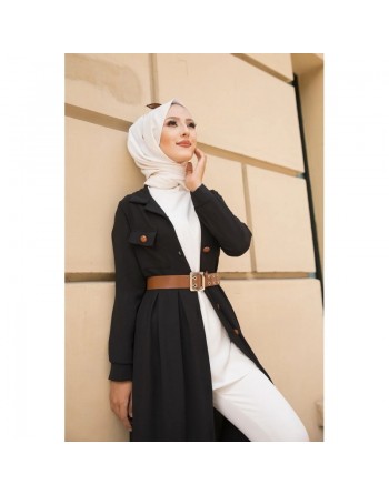 Robe longue casual boutonnée avec sa ceinture (Vetement hijab chic pour femme) - Couleur Noir 