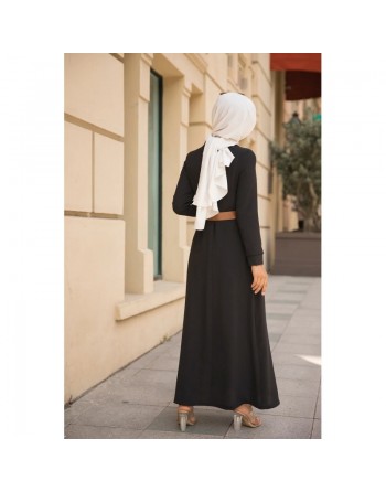 Robe longue casual boutonnée avec sa ceinture (Vetement hijab chic pour femme) - Couleur Noir 