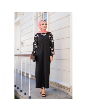 Robe longue noire motifs fleurs de cerisier (Vetement pas cher femme voilée en ligne) 