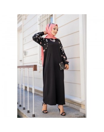 Robe longue noire motifs fleurs de cerisier (Vetement pas cher femme voilée en ligne) 