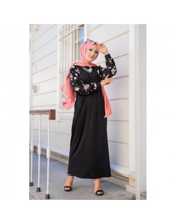 Robe longue noire motifs fleurs de cerisier (Vetement pas cher femme voilée en ligne) 