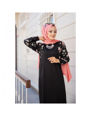 Robe longue noire motifs fleurs de cerisier (Vetement pas cher femme voilée en ligne) 