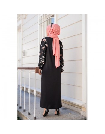 Robe longue noire motifs fleurs de cerisier (Vetement pas cher femme voilée en ligne) 