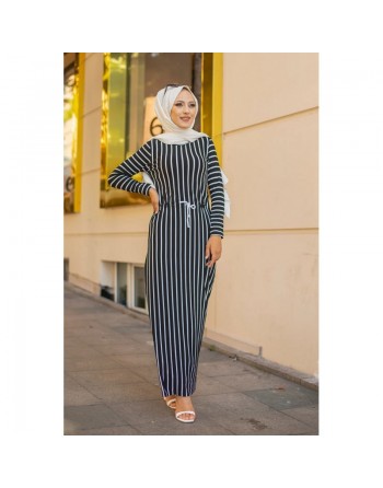 Robe maxi-longue à rayures noire (Vetement Hijab pour femme) 