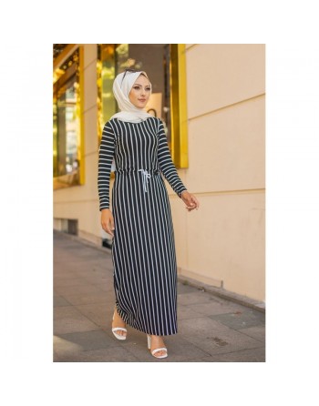 Robe maxi-longue à rayures noire (Vetement Hijab pour femme) 
