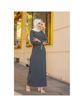 Robe maxi-longue à rayures noire (Vetement Hijab pour femme) 