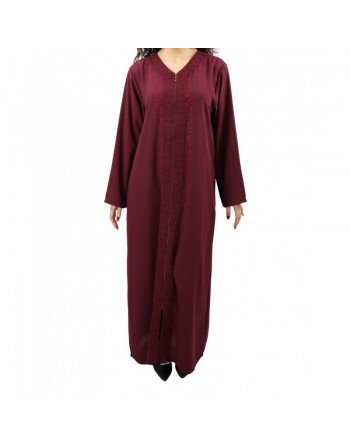 Robe / Abaya Longue à ouverture zip avec broderies et strass pour femme - Couleur Prune 