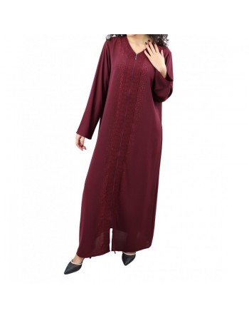 Robe / Abaya Longue à ouverture zip avec broderies et strass pour femme - Couleur Prune 
