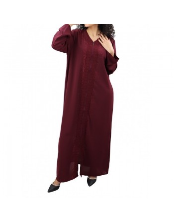 Robe / Abaya Longue à ouverture zip avec broderies et strass pour femme - Couleur Prune 