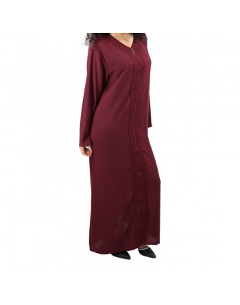 Robe / Abaya Longue à ouverture zip avec broderies et strass pour femme - Couleur Prune 