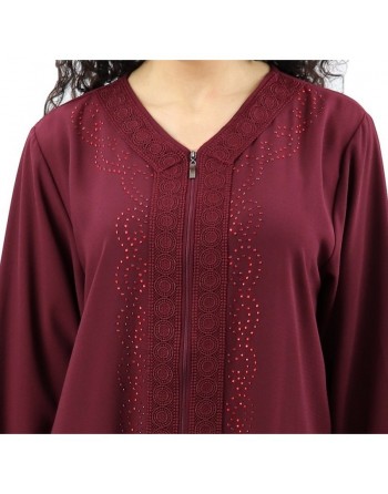 Robe / Abaya Longue à ouverture zip avec broderies et strass pour femme - Couleur Prune 