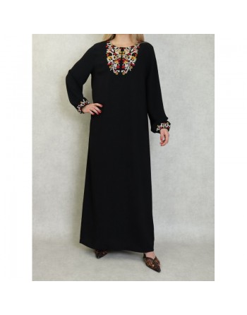 Robe manches longues avec broderie pour femme - Couleur Noir 