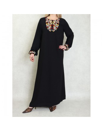 Robe manches longues avec broderie pour femme - Couleur Noir 