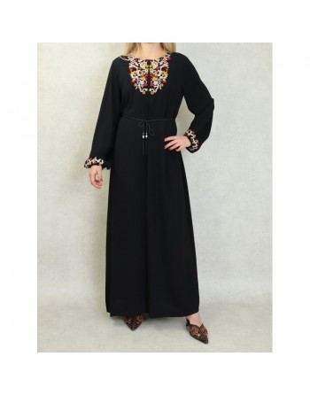 Robe manches longues avec broderie pour femme - Couleur Noir 