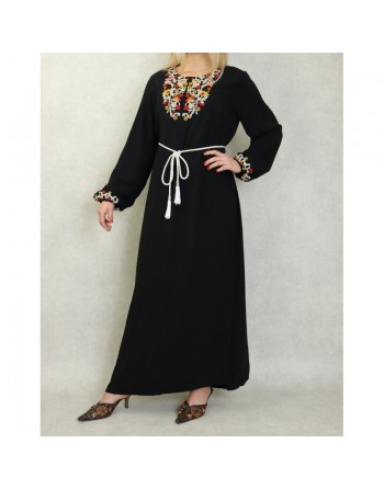 Robe manches longues avec broderie pour femme - Couleur Noir 