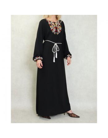 Robe manches longues avec broderie pour femme - Couleur Noir 