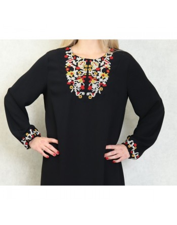 Robe manches longues avec broderie pour femme - Couleur Noir 