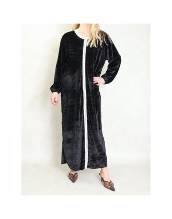 Robe arabe longue en velours avec broderie pour femme - Couleur Noir 