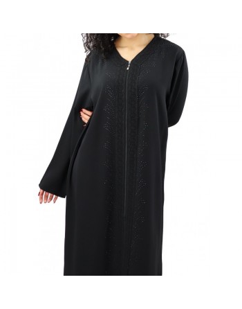 Robe longue à ouverture zip avec broderies et strass - Couleur Noir 