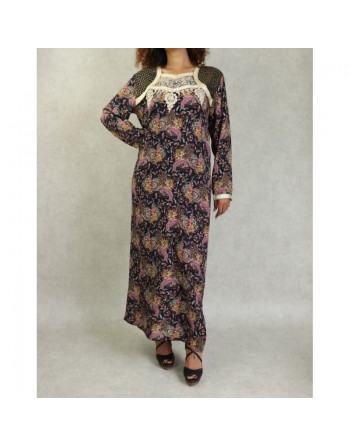 Robe longue style arabe brodée à motif cachemire pour femme - Couleur Bleu nuit 