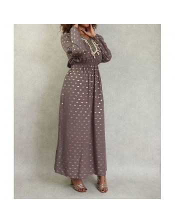 Robe fluide avec motifs dorés broderies et pompons pour femme - Couleur Taupe 
