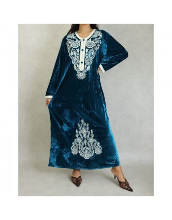 Robe longue effet velours avec broderies pour femme - Couleur Bleu canard 