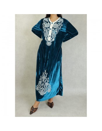 Robe longue effet velours avec broderies pour femme - Couleur Bleu canard 