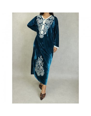 Robe longue effet velours avec broderies pour femme - Couleur Bleu canard 