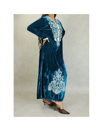 Robe longue effet velours avec broderies pour femme - Couleur Bleu canard 