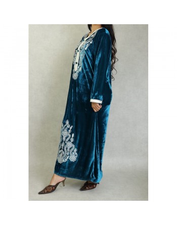Robe longue effet velours avec broderies pour femme - Couleur Bleu canard 