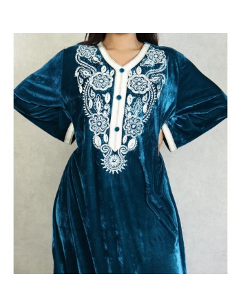 Robe longue effet velours avec broderies pour femme - Couleur Bleu canard 