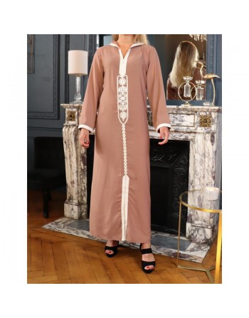 Djellaba marocaine brodée à capuche et manches longues pour femme - Couleur Camel 