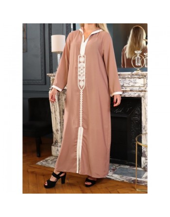 Djellaba marocaine brodée à capuche et manches longues pour femme - Couleur Camel 