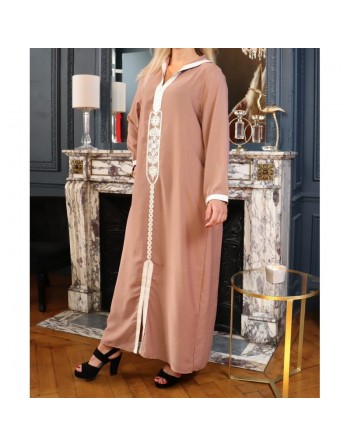 Djellaba marocaine brodée à capuche et manches longues pour femme - Couleur Camel 