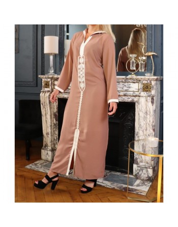 Djellaba marocaine brodée à capuche et manches longues pour femme - Couleur Camel 
